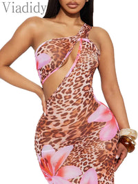Women's Sexy Print See Through Sheer Mesh One Shoulder Sleeveless Side Slit Party Dress