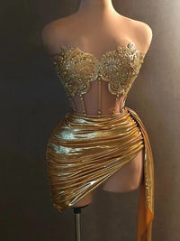 Women Glitter Top Two Pieces Short Skirt Sets Sexy Strapless Sequins Rhinestone Luxury Gold Dress Design 2024 Stage Show Outfit - stylishhomedecor2024.com