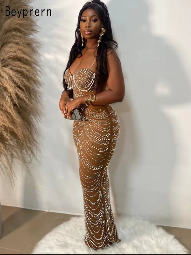 Beautiful Gold Beaded Bodycon Evening Gown Sparkle Pearls Rhinestone Long Dresses Birthday Party Outfits New Year Gowns - stylishhomedecor2024.com