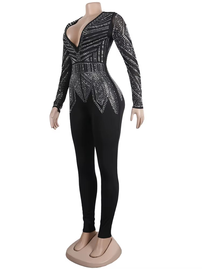 Sparkle Black Rhinestone Long Pants Jumpsuits Womens Autumn Long Sleeve Crystal Rompers Nightclub Outfits Clubwear - stylishhomedecor2024.com