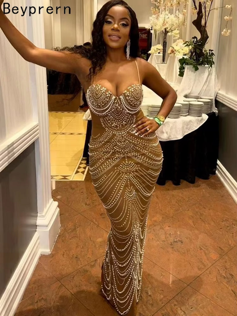 Beautiful Gold Beaded Bodycon Evening Gown Sparkle Pearls Rhinestone Long Dresses Birthday Party Outfits New Year Gowns - stylishhomedecor2024.com