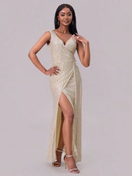 Out of State - Slit Sequin Surplice Sleeveless Maxi Dress