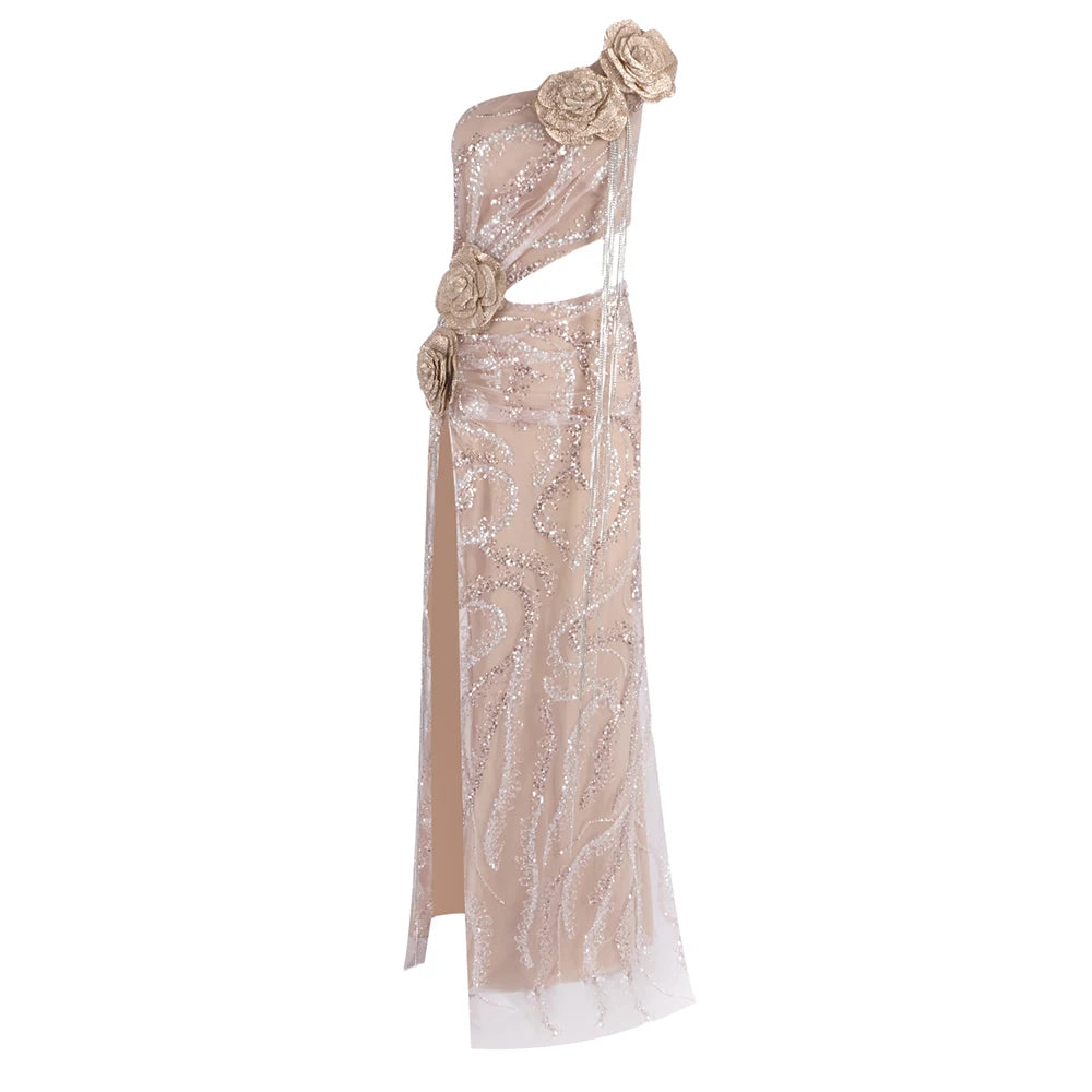 Women's Sexy One - Shoulder Sequin Gown with Rose Embellishments Lace High Split Mesh Wedding Party Long Dress