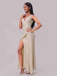Out of State - Slit Sequin Surplice Sleeveless Maxi Dress