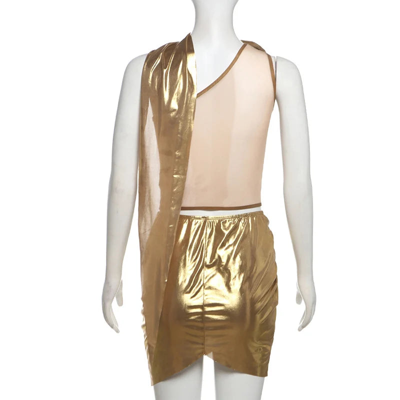 Sexy Night Club 2 Piece Sets Women Outfit Festival Clothing One Shoulder Mesh Patchwork Sheer Crop Top and Draped Mini Skirt Set