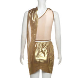 Sexy Night Club 2 Piece Sets Women Outfit Festival Clothing One Shoulder Mesh Patchwork Sheer Crop Top and Draped Mini Skirt Set