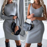 2Pcs Suit Women'S Solid Stripe Long-Sleeved Top and Tight Suspender Skirt Fashion Autumn Winter Slim Clothing - stylishhomedecor2024.com