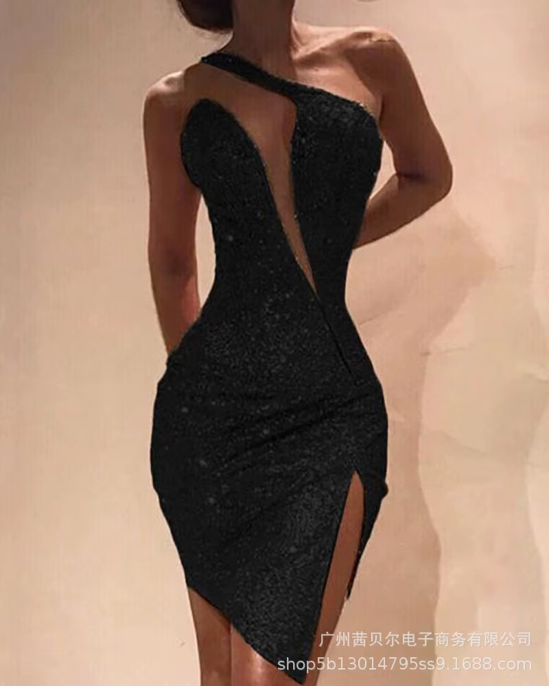 Fashion Sexy Womens Dresses 2023 New One Shoulder Split Dress Womens Sleeveless Dress