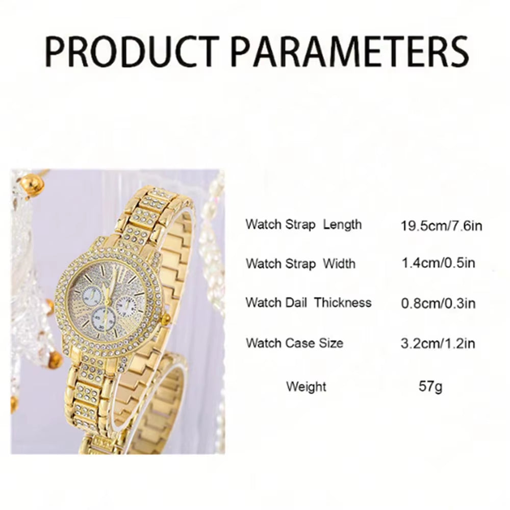 Women'S Quartz Watch Gold Luxury Women Ring Necklace Earring Rhinestone Fashion Wristwatch Casual Ladies Watches Jewelry Set ﻿