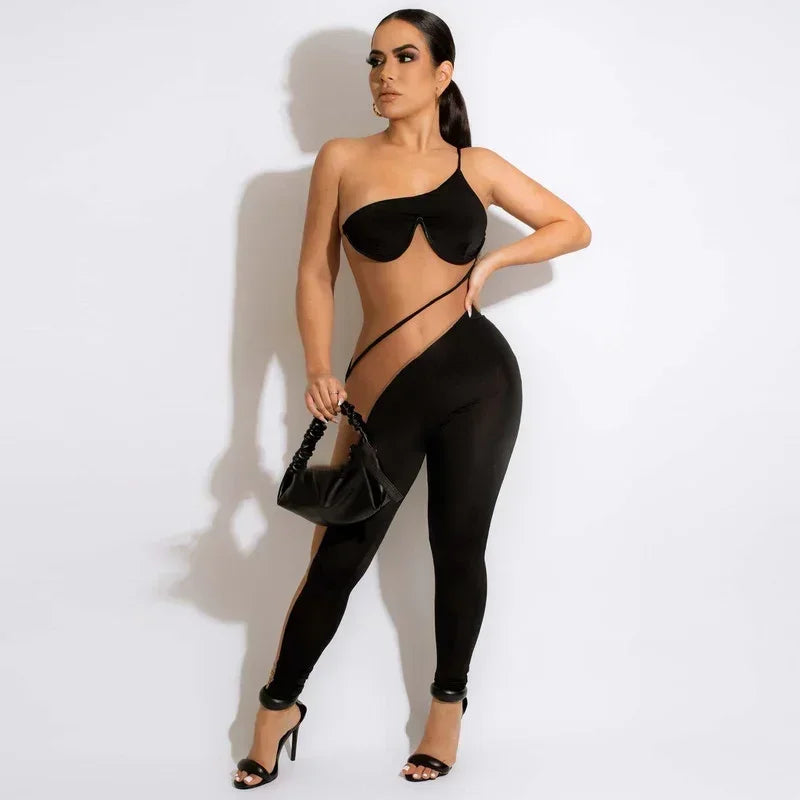 GUWU Mesh See Though One Shoulder Spaghetti Strap Sleeveless Women Jumpsuit  Summer Sexy Party Club Playsuit Overalls