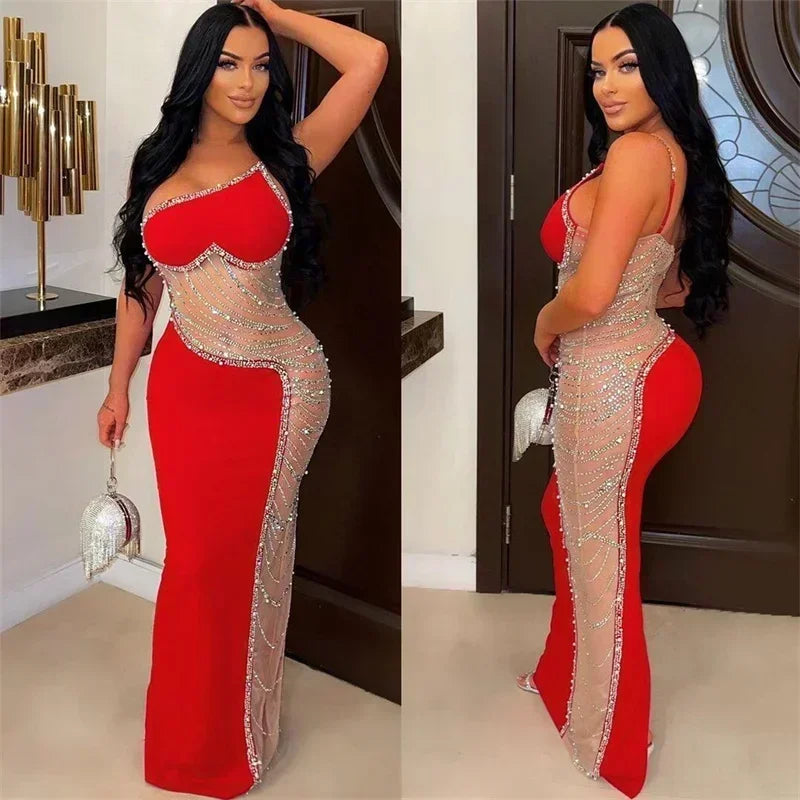 Sexy See-through Mesh Patchwork Sheath Maxi Dress Women Elegant One Shoulder Crystal Rhinestones Night Party Prom Birthday Dress