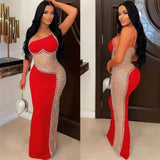Sexy See-through Mesh Patchwork Sheath Maxi Dress Women Elegant One Shoulder Crystal Rhinestones Night Party Prom Birthday Dress
