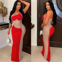 Sexy See-through Mesh Patchwork Sheath Maxi Dress Women Elegant One Shoulder Crystal Rhinestones Night Party Prom Birthday Dress