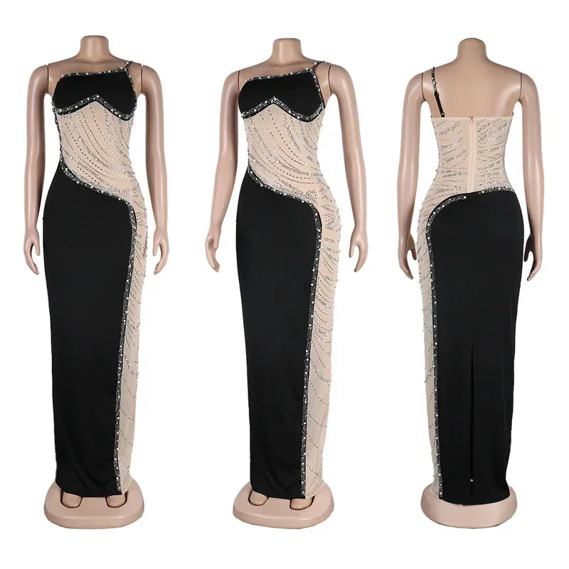 Sexy Crystal Rhinestones Prom Maxi Dress Women Elegant One Shoulder See-through Mesh Patchwork Night Party Gown Birthday Dresses