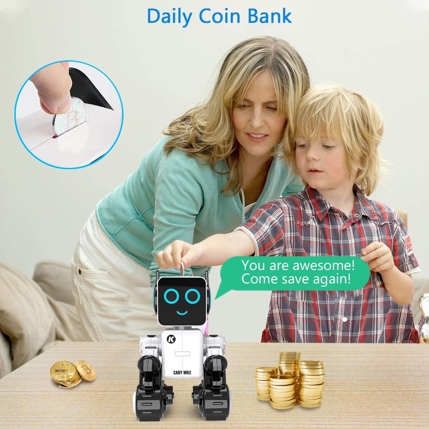 Rechargeable RC Robot Toy for Kids - Interactive Intelligent LED Light, Speaks, Dances, Built-In Coin Bank (White) - stylishhomedecor2024.com