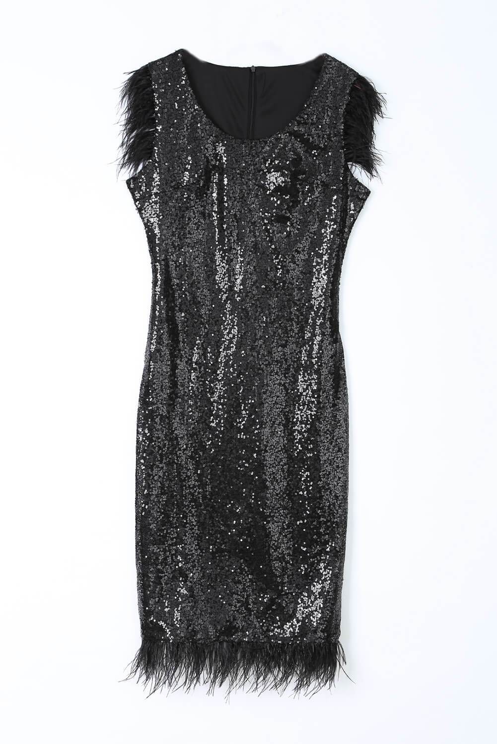 Elegant Sequined Feather Little Black Dress