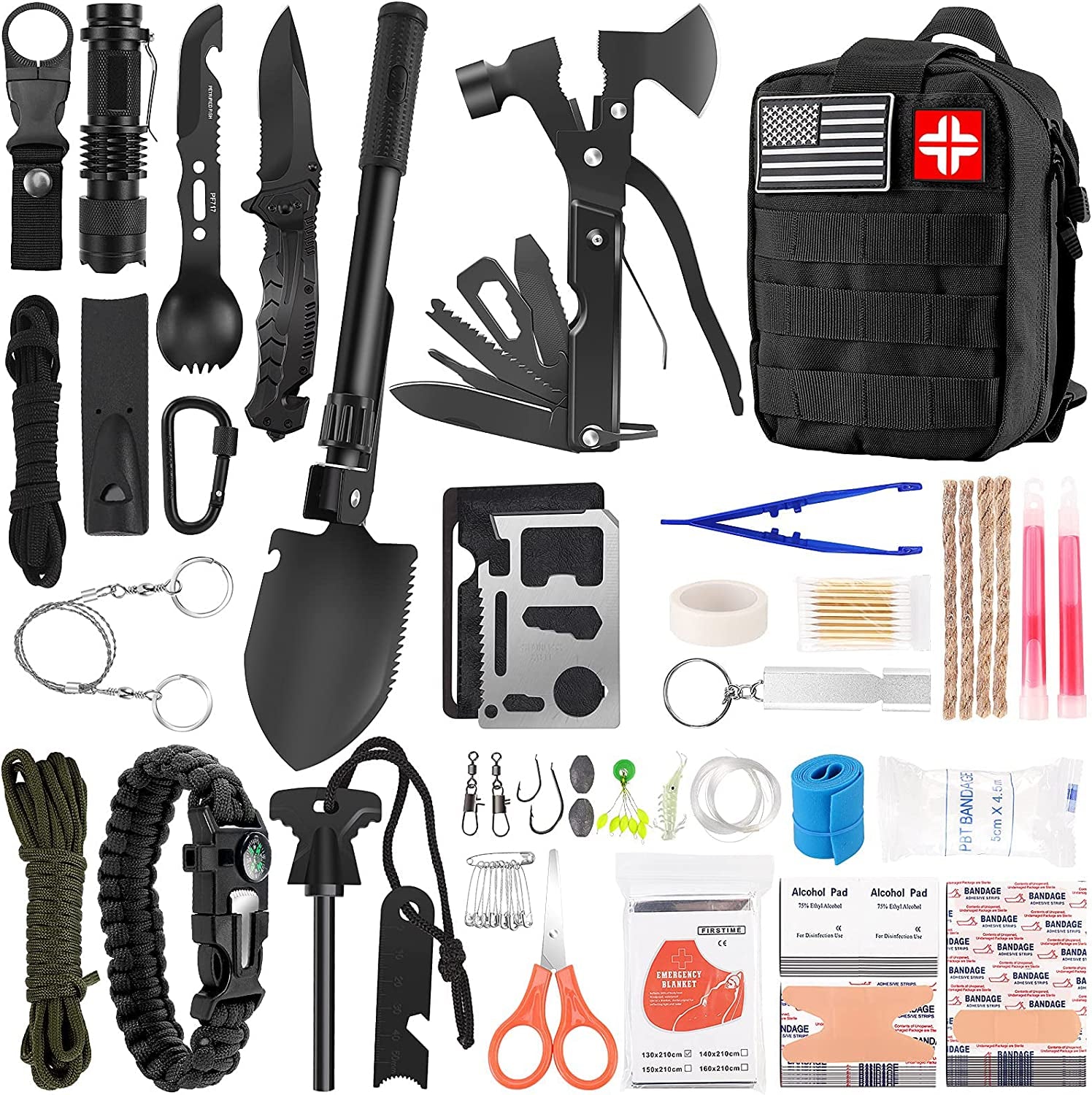 Survival Kit and First Aid Kit, 142Pcs Professional Survival Gear and Equipment with Molle Pouch, for Men Dad Husband Who Likes Camping Outdoor Adventure - stylishhomedecor2024.com