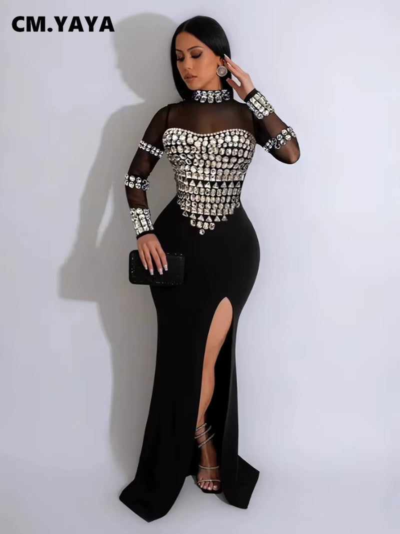 Women Full Sleeve Diamonds Mesh Rhinestones High Side Split Mermaid Maxi Long Dress Evening Sexy Party Dresses Vestidos