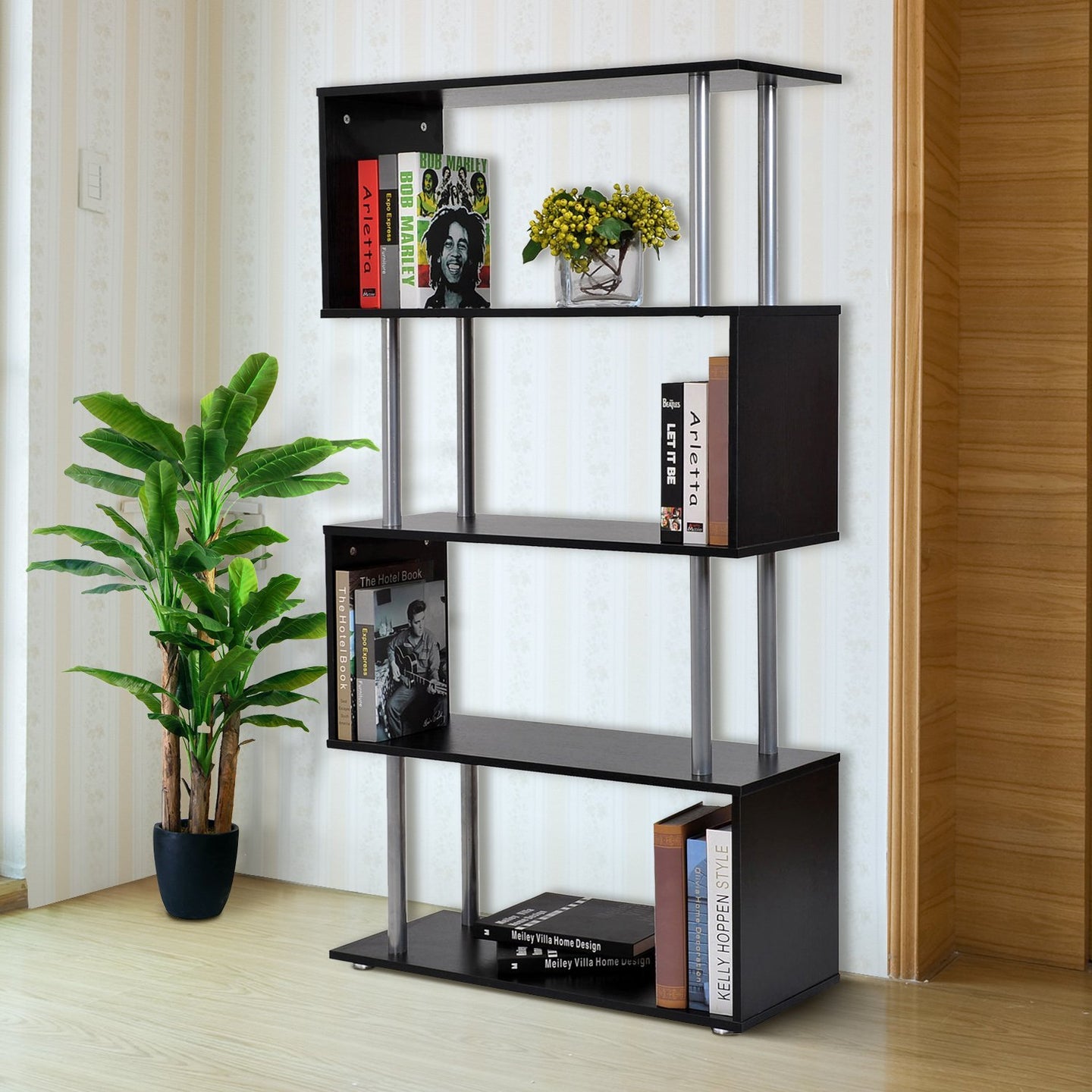 HOMCOM 4-Tires Wooden Bookcase S Shape Storage Display Unit Home Décor