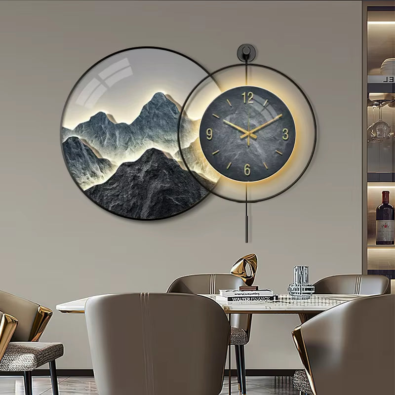 Luxury Modern LED Wall Clock Crystal Canvas Landscape Paintings Digital Modern Lighting Wall Art Mountain Wall Decoration Living