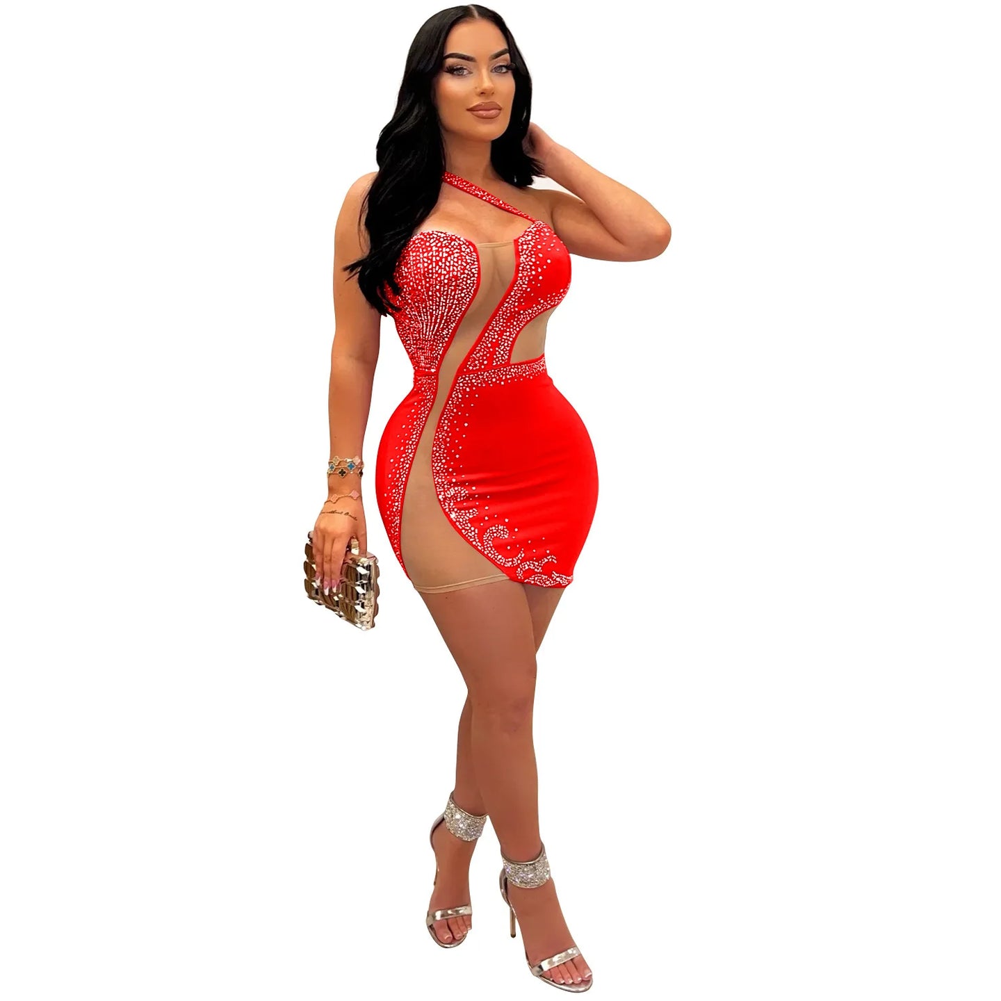 HLJ Sexy Hollow Out Mesh Patchwork Mini Dress Women One Shoulder Sleeveless Party Nightclub Fashion Female Rhinestones Vestidos