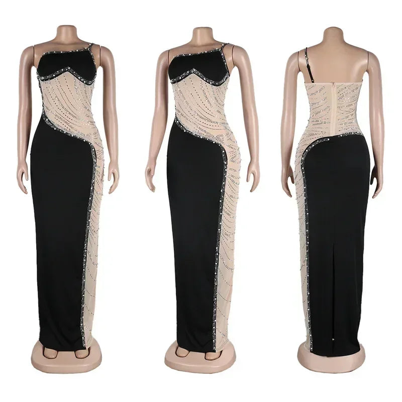 Sexy See-through Mesh Patchwork Sheath Maxi Dress Women Elegant One Shoulder Crystal Rhinestones Night Party Prom Birthday Dress