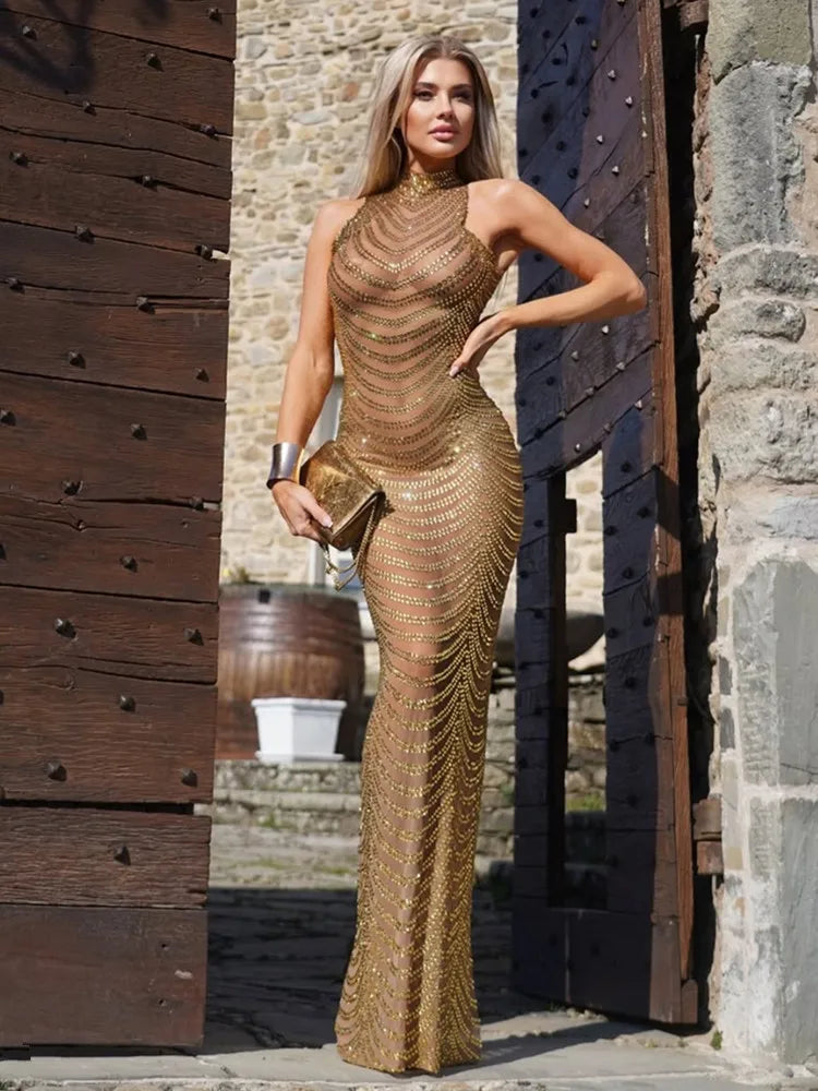 Women Luxury Sexy Mesh Sequins Crystal Diamonds Maxi Long Dress Birthday Party Costume Bar Nightclub Stage Performance Outfit