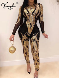 Sexy Long Sleeve Sequin Bodycon Jumpsuit Women Body Bodysuit One Piece Birthday Party Nightclub Outfits Womens Jumpsuits Overall - stylishhomedecor2024.com