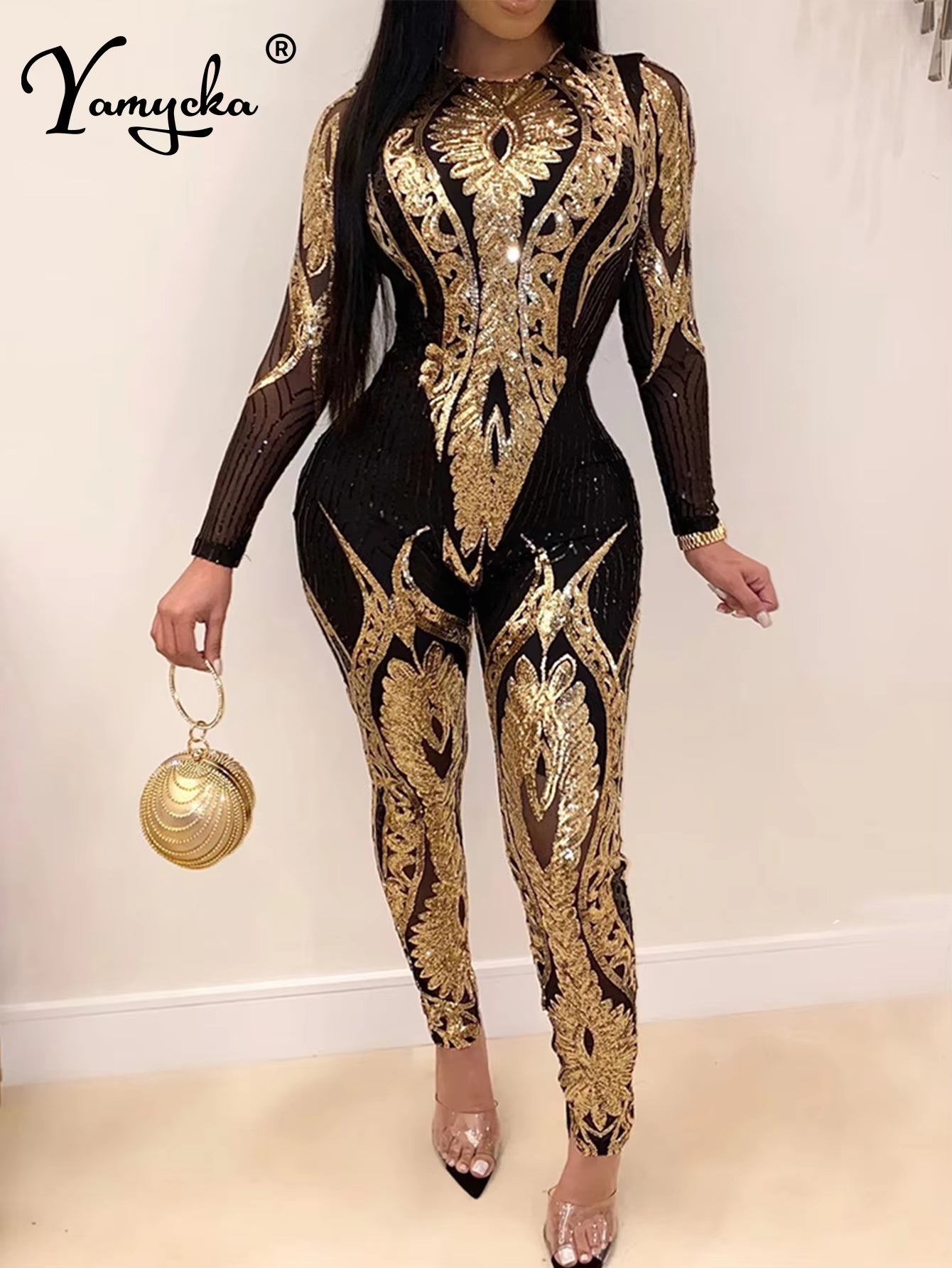 Sexy Long Sleeve Sequin Bodycon Jumpsuit Women Body Bodysuit One Piece Birthday Party Nightclub Outfits Womens Jumpsuits Overall - stylishhomedecor2024.com