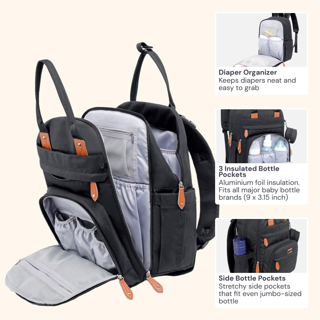 Babbleroo Diaper Bag Backpack - Baby Essentials Travel Tote - Multi Function Waterproof Diaper Bag, Travel Essentials Baby Bag with Changing Pad, Stroller Straps & Pacifier Case - Unisex, Black