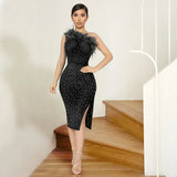 KEXU Feather Sheer Mesh Splicing Wraped Side Split Diamond Dress Beaded One Shoulder Rhinestones Sexy Club Party Women Dress