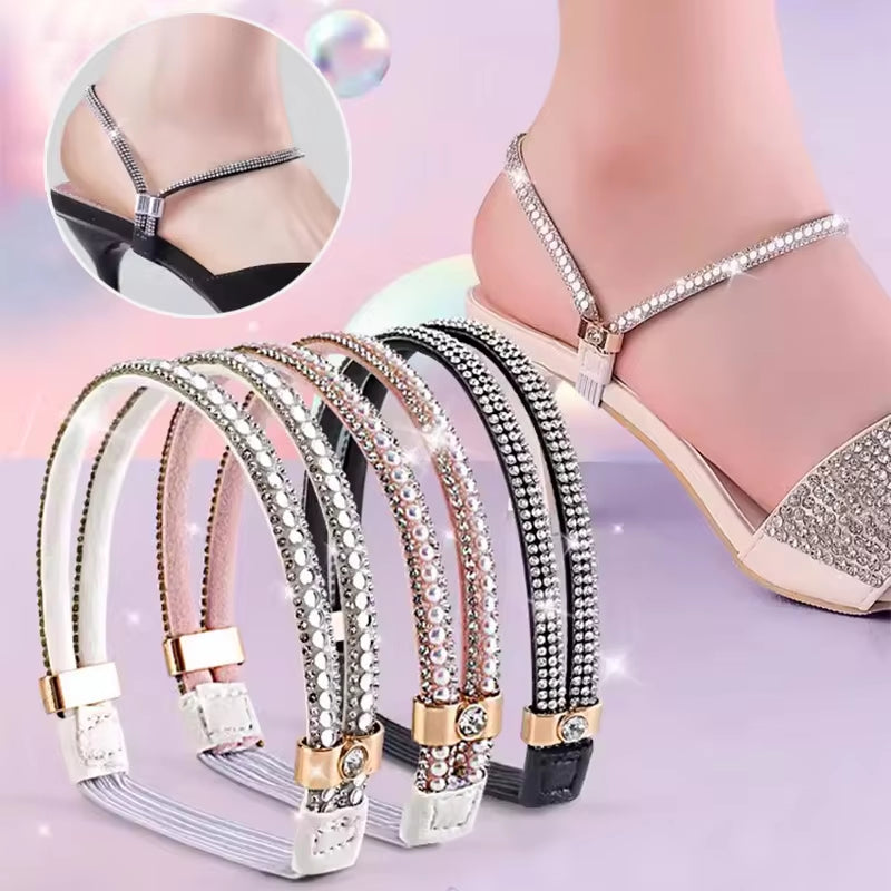 2Pcs Anti-Skid High Heels Shoes Band Women Rhinestone Shoelaces Triangle Bundle Anti-Drop Straps Belt Drill Elastic Fixing Belts - stylishhomedecor2024.com