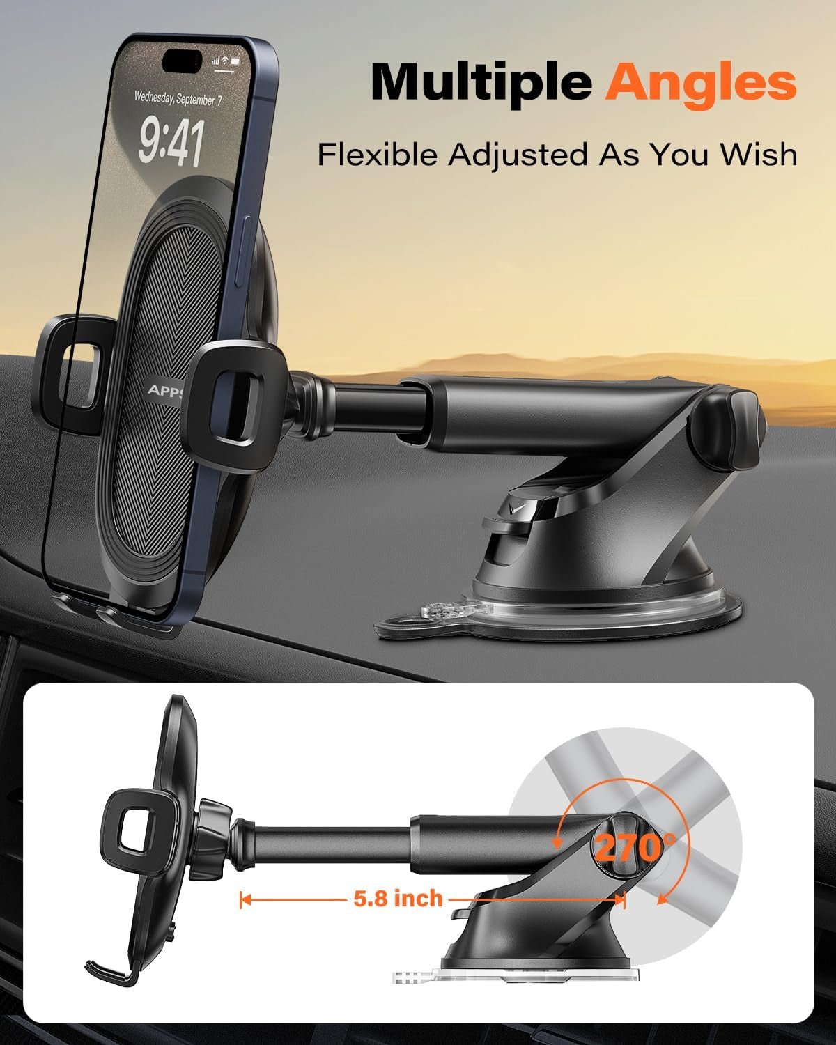 Apps2Car Universal Suction Cup Phone Mount for Windshield and Dashboard, Compatible with iPhone, Samsung, and All Cell Phones, Featuring Sticky Gel Pad