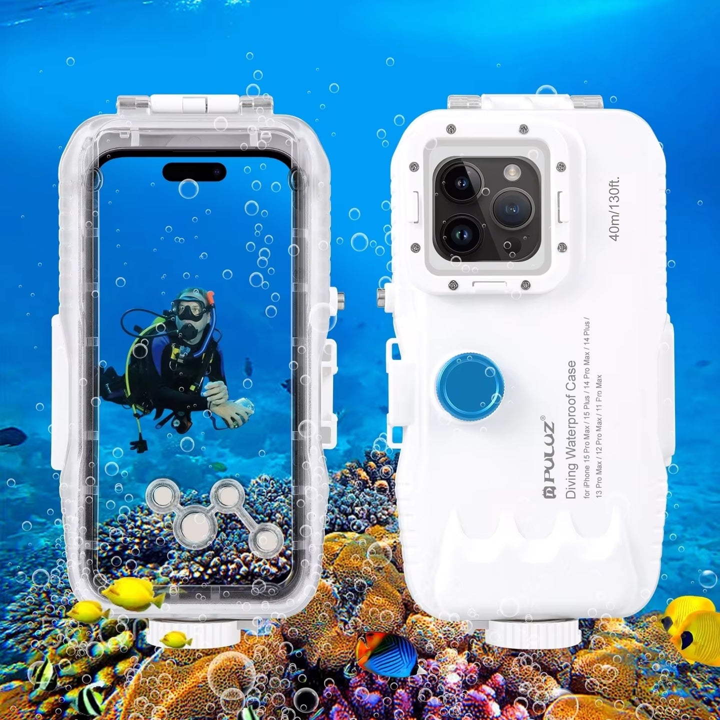 PULUZ 40M/130Ft Waterproof Diving Case for 15 14 13 12 11 Pro Max plus with One-Way Valve Underwater Video Housing Cover - stylishhomedecor2024.com