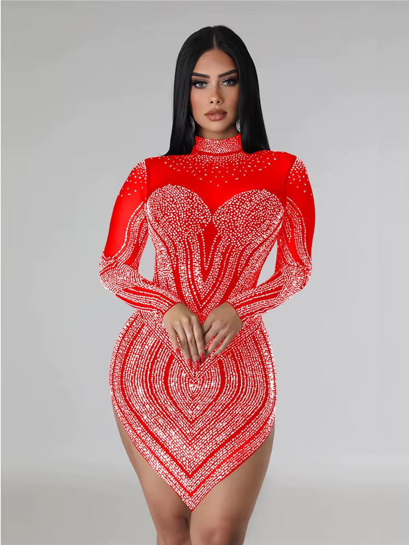 Idress Elegant Rhinestone Decor Sheer Mesh Bodycon Long Sleeve Dress for Women Sexy Designer Fashion Night Party Club Vestidos - stylishhomedecor2024.com