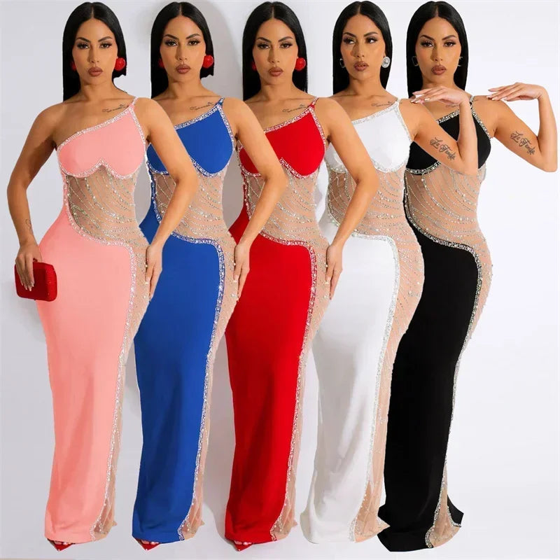 Sexy See-through Mesh Patchwork Sheath Maxi Dress Women Elegant One Shoulder Crystal Rhinestones Night Party Prom Birthday Dress