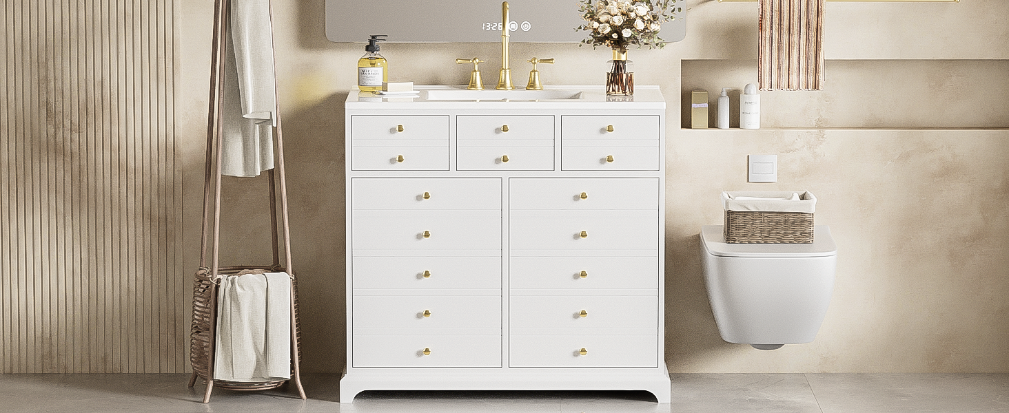 36" Bathroom Vanity with Ceramic Sink - Solid Wood