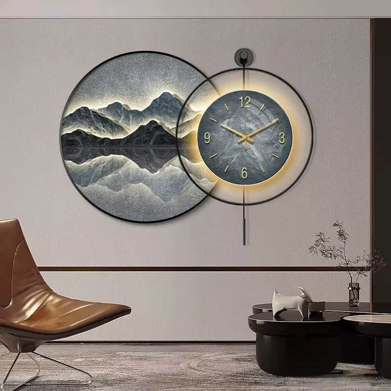 Luxury Modern LED Wall Clock Crystal Canvas Landscape Paintings Digital Modern Lighting Wall Art Mountain Wall Decoration Living