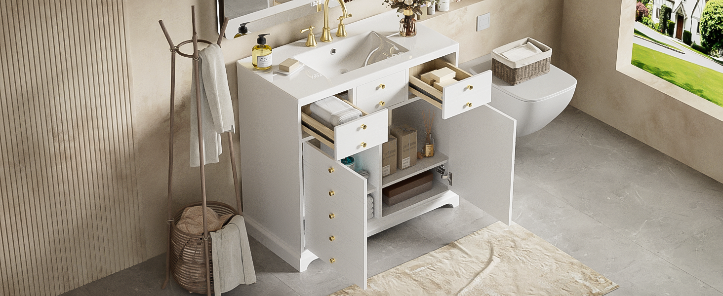 36" Bathroom Vanity with Ceramic Sink - Solid Wood