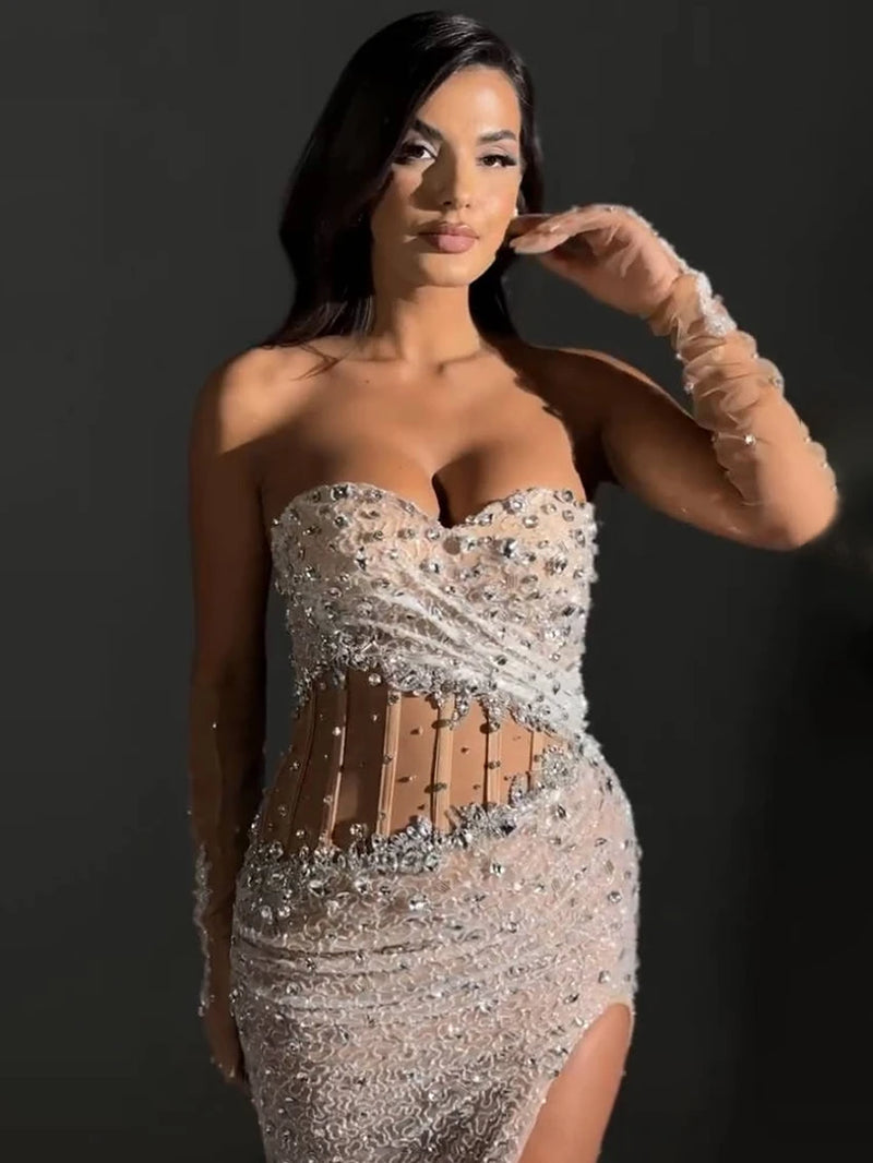 VC Beige Sequins Strapless Long Dress Backless See through Mesh Crystal High Slit Celebrity Party Evening Gowns with Gloves