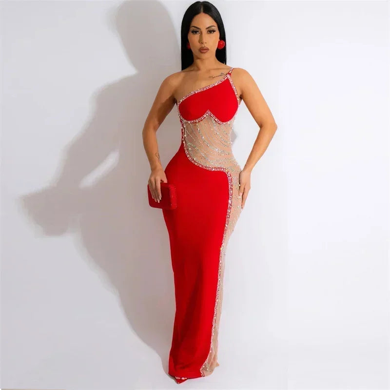 Sexy See-through Mesh Patchwork Sheath Maxi Dress Women Elegant One Shoulder Crystal Rhinestones Night Party Prom Birthday Dress