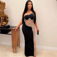 Sexy See-through Mesh Patchwork Sheath Maxi Dress Women Elegant One Shoulder Crystal Rhinestones Night Party Prom Birthday Dress