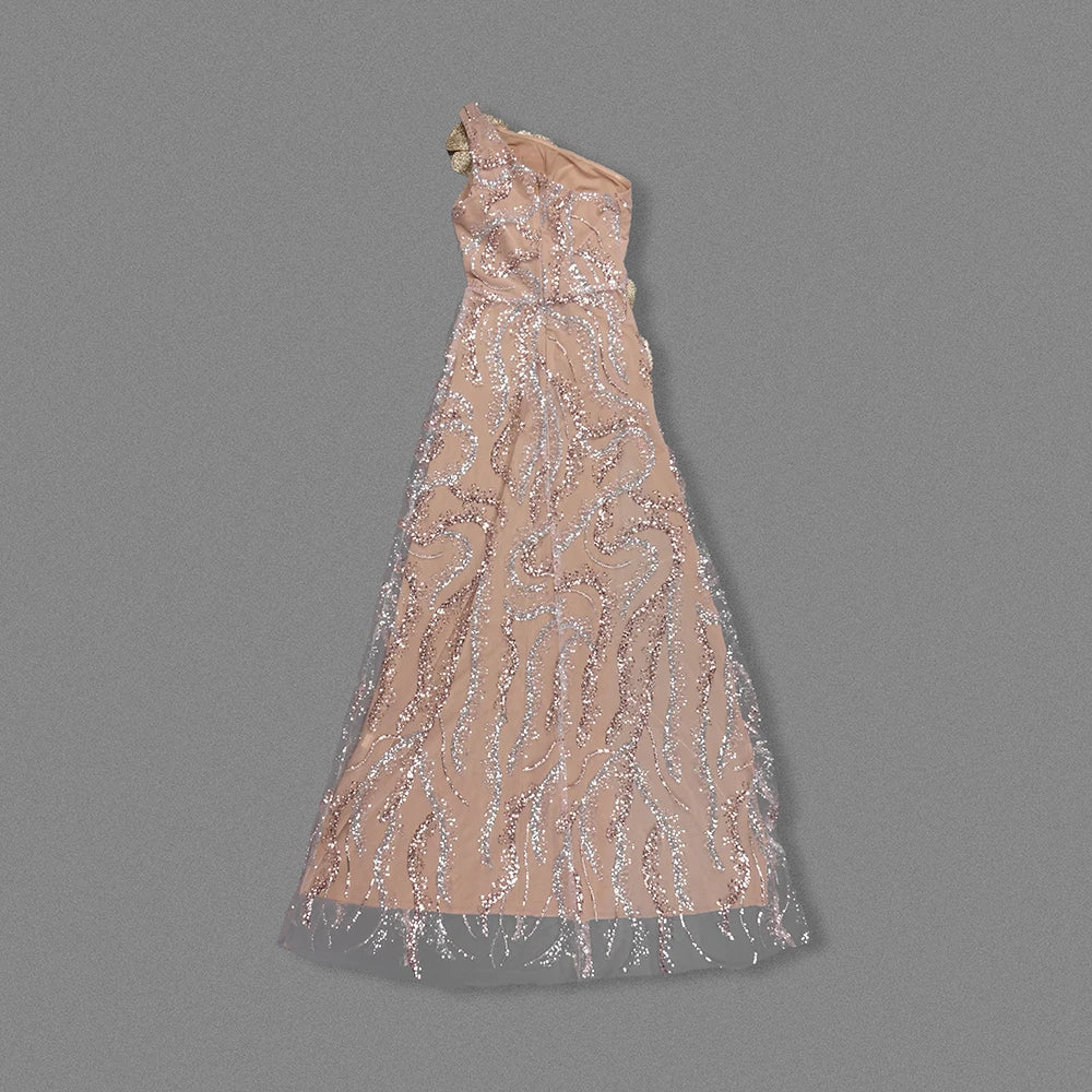 Women's Sexy One - Shoulder Sequin Gown with Rose Embellishments Lace High Split Mesh Wedding Party Long Dress
