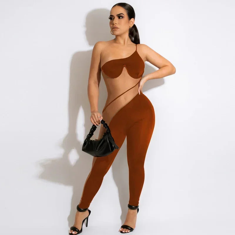 GUWU Mesh See Though One Shoulder Spaghetti Strap Sleeveless Women Jumpsuit  Summer Sexy Party Club Playsuit Overalls