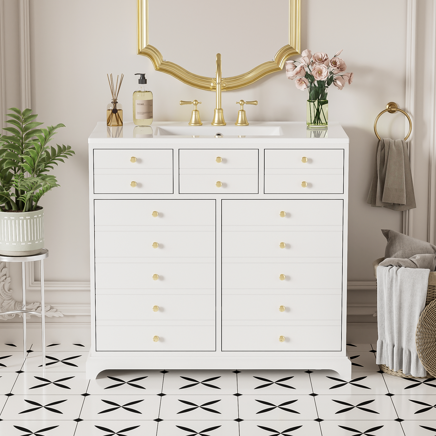 36" Bathroom Vanity with Ceramic Sink - Solid Wood