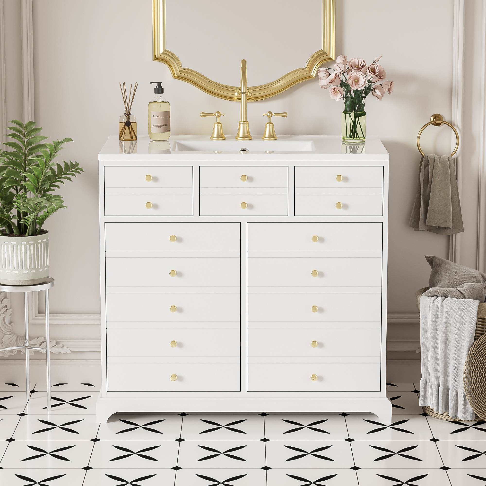 36" Bathroom Vanity with Ceramic Sink - Solid Wood