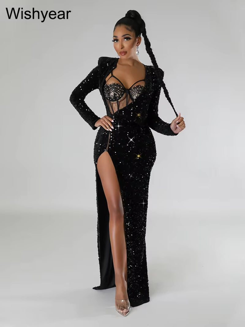 Elegant Christmas Birthday Celebrity Party Long Dress for Women Sexy High Split Sequins Lace Prom Evening Wedding Robe - stylishhomedecor2024.com