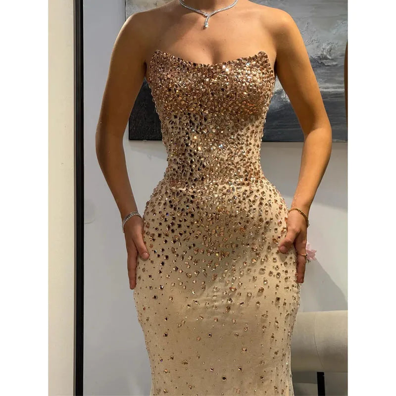 Customized Mermaid Strapless Sleeveless Wedding Party Dress Diamond Evening Dresses Elegant Floor-Length Vestidos De Fiesta