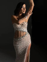 VC Beige Sequins Strapless Long Dress Backless See through Mesh Crystal High Slit Celebrity Party Evening Gowns with Gloves