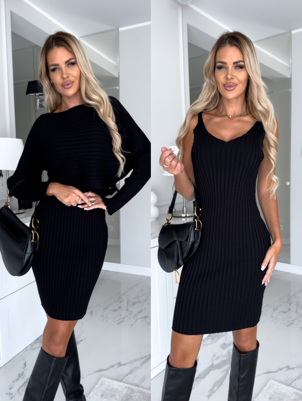 2Pcs Suit Women'S Solid Stripe Long-Sleeved Top and Tight Suspender Skirt Fashion Autumn Winter Slim Clothing - stylishhomedecor2024.com